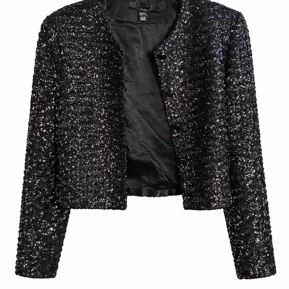 NWT Couture Black Sequin Cropped Designer Top ✨ Evening Party Blazer Size M